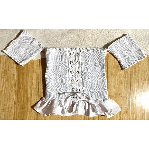 Peixoto White Womens Nina Smock Grommet Lace Up Crop Top Off Shoulder $80 Size S - Picture 6 of 6